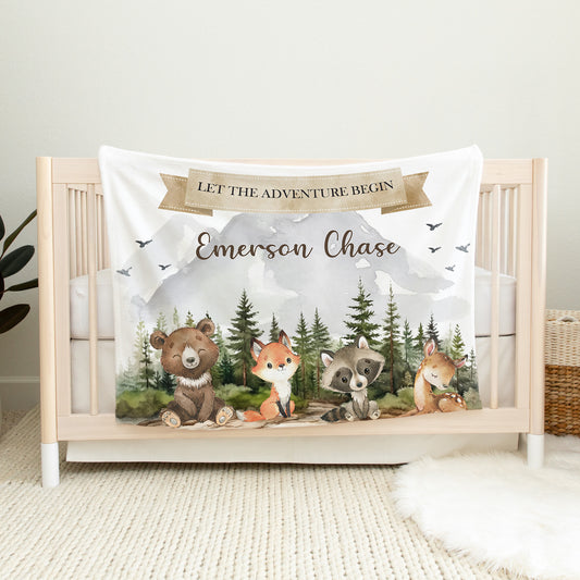 Woodland Blanket, Personalized Woodlan Baby Blanket, Custom Forest Animals Boy Blanket, Let the Adventure Begin