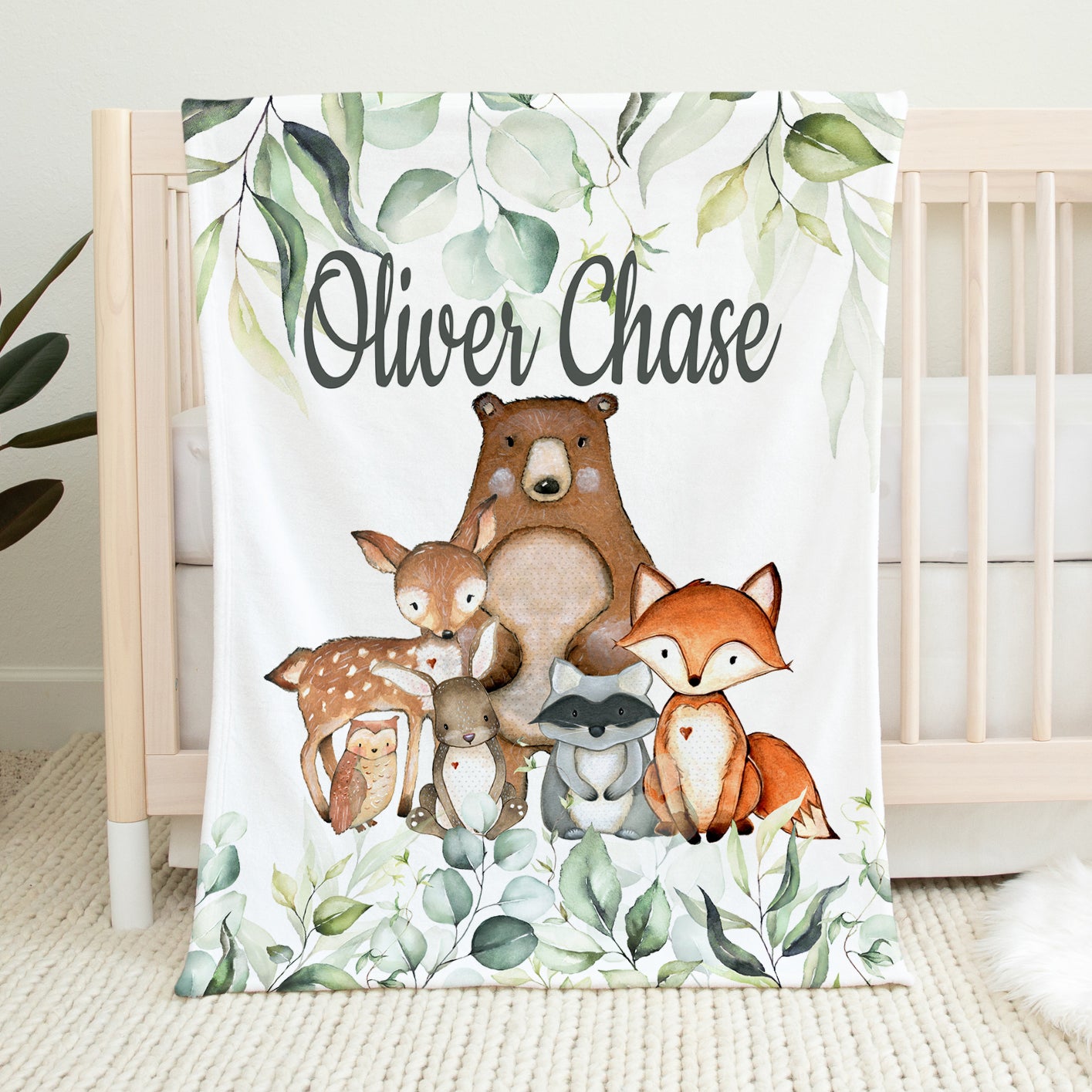 Personalized Woodland Animals Blanket with Eucalyptus Leaves