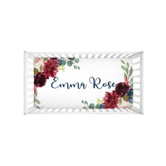 Floral Baby Name Crib Sheet, Blush Pink Burgundy Red Navy Blue Maroon Watercolor Flowers Shower Gift Nursery C155