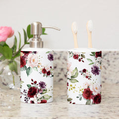 Floral Shower Curtain, Burgundy Red Maroon Blush Pink Watercolor Flowers Bath Curtain, Toothbrush Holder & Soap Dispenser Set