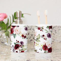 Toothbrush Holder & Soap Dispenser Set Burgundy Red Maroon Blush Pink Watercolor Flowers