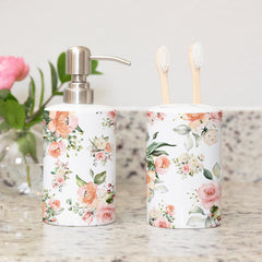 Toothbrush Holder & Soap Dispenser Set Blush Pink Peach Coral Watercolor Flowers