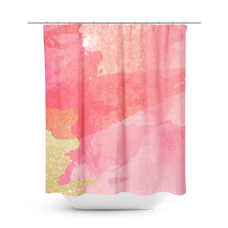 Blush Pink Gold Abstract Shower Curtain, Bath Mat