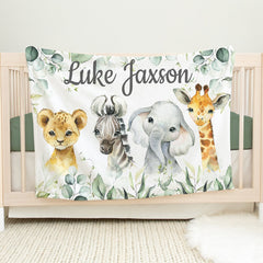 Safari Animals Baby oy Blanket, Jungle Zoo Eucalyptus Green Leaves Personalized Custom Newborn Boy Baby Shower Gift Name Blanket B1599