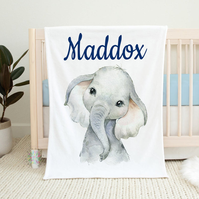 Personalized Elephant Baby Blanket, Baby Name Blanket Blue Gray Baby Shower Gift Birthday Gift Elephant Nursery Blanket B1593