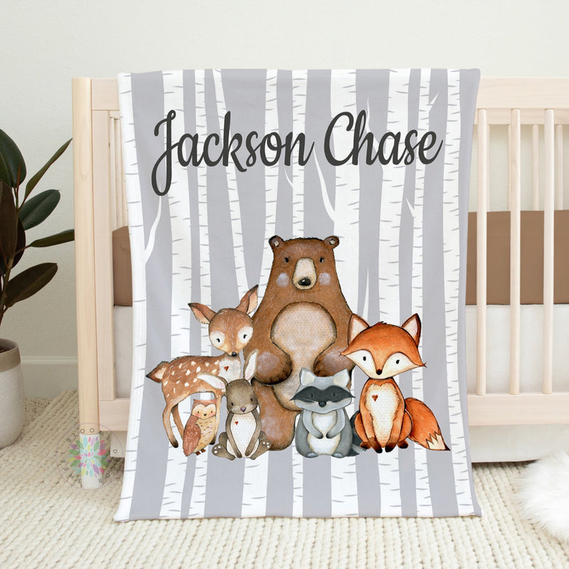 Woodland Animals Name Blanket Personalized Gray Birch Trees Bear Fox Raccoon Deer Bunny Owl Baby Shower Gift Nursery Crib Bedding B1198 Sweet Blooms Design Co