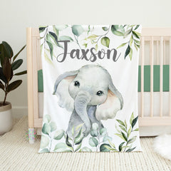 Elephant Baby Name Blanket, Watercolor Eucalyptus Green Leaves Personalized Custom Newborn Boy Baby Shower Gift Name Blanket Sweet Blooms Design Co