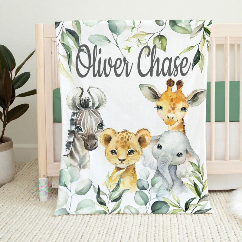 Safari Animals Baby Blanket, Jungle Zoo Eucalyptus Green Leaves Personalized Custom Newborn Boy Baby Shower Gift Name Blanket B1595