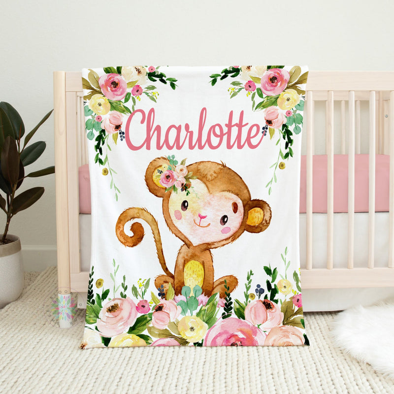 Monkey Baby Girl Name Blanket Blush Pink Coral Floral Safari Newborn Monogram Flowers Baby Shower Gift Nursery Bedding B1101