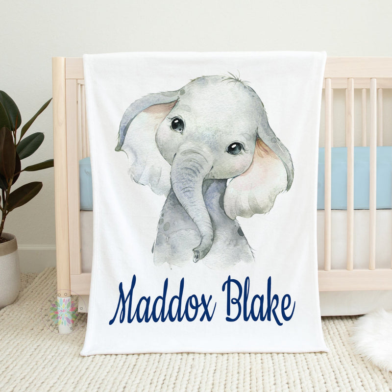 Personalized Elephant Baby Blanket, Baby Name Blanket Blue Gray Baby Shower Gift Birthday Gift Elephant Nursery Blanket B1593