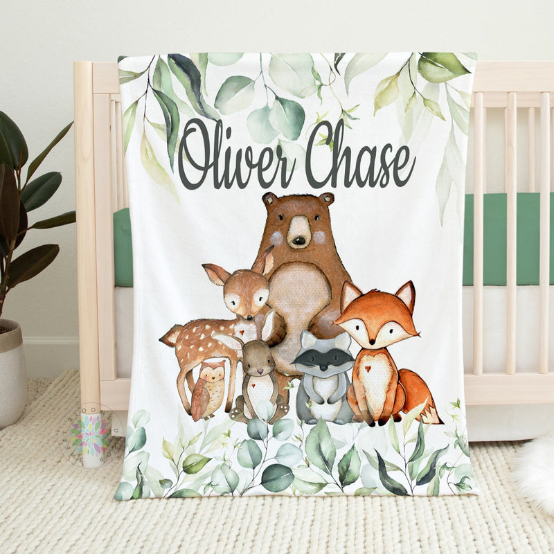 Woodland Animals Baby Boy Name Blanket, Eucalyptus Greenery Leaves Trees Bear Fox Raccoon Deer Bunny Owl Baby Shower Gift B1596 Sweet Blooms Design Co