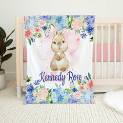 Bunny Rabbit Floral Baby Name Blanket Blue Coral Blush Pink Flowrs Personalized Baby Shower Gift B1272