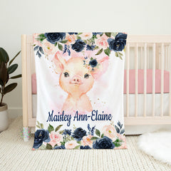 Piggy Baby Name Blanket Navy Blue Coral Blush Pink Floral Piglet Personalized Girl Swaddle Flowers Baby Shower Gift Nursery Bedding B1270