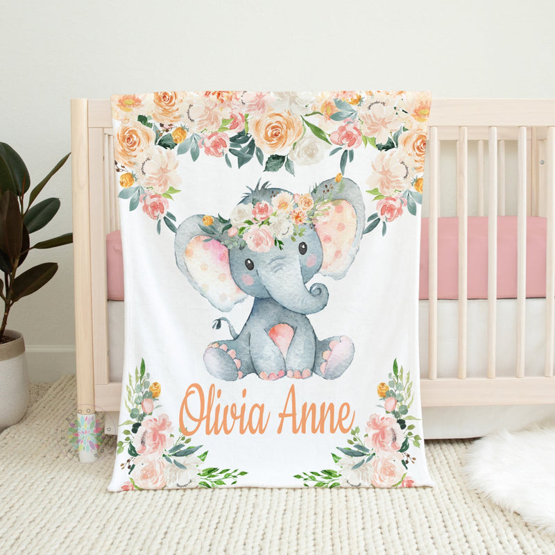 Elephant Floral Baby Girl Name Blanket, Peach Blush Pink Coral Watercolor Flowers Personalized Baby Shower Gift B1223