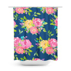 Floral Shower Curtain with Pink Navy Blue Yellow Flowers - 