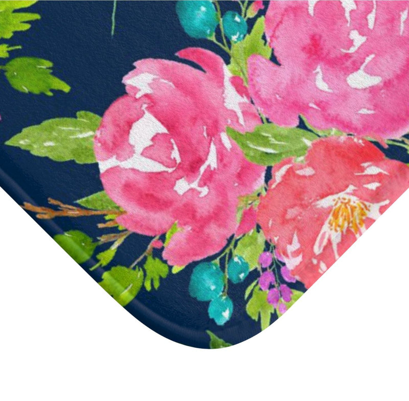 Floral Shower Curtain with Pink Navy Blue Yellow Flowers - 