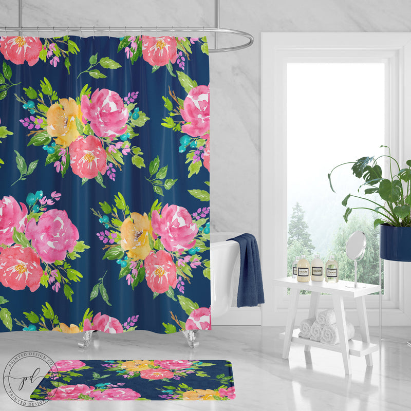 Floral Shower Curtain with Pink Navy Blue Yellow Flowers - 