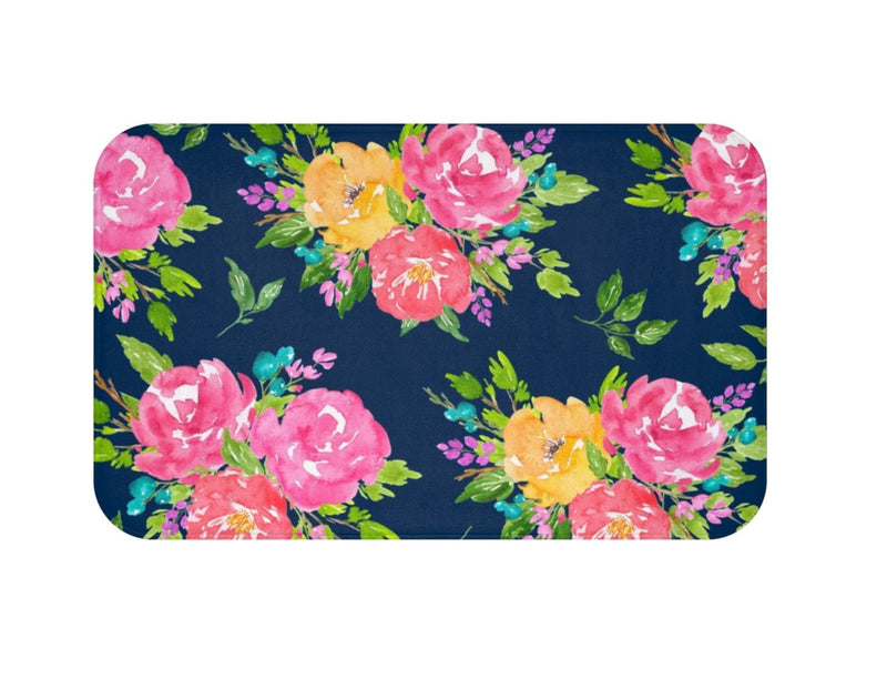 Floral Shower Curtain with Pink Navy Blue Yellow Flowers - 