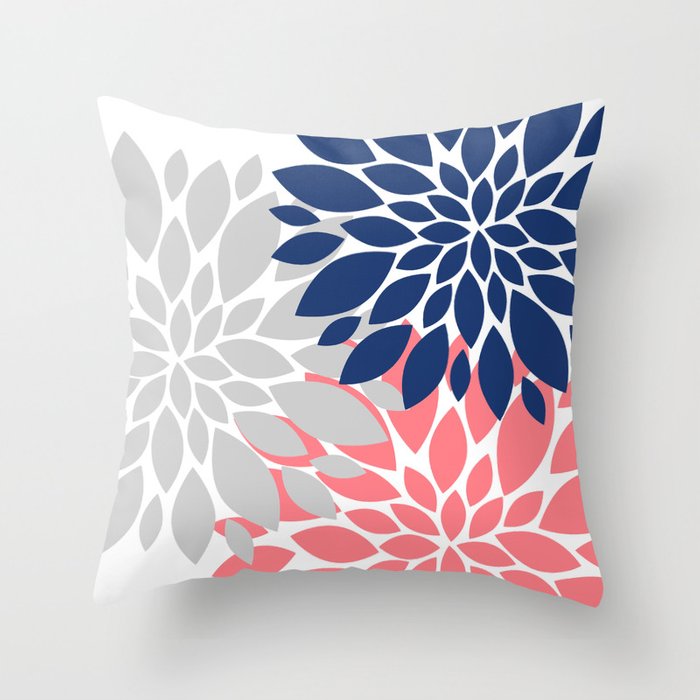 Coral Navy Gray Floral Decorative Throw Pillow