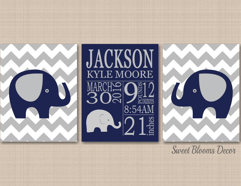 Elephants Nursery Wall Art Navy Blye Gray Chevron Birth Announcement Birth Stats Baby Shower Gift Baby Boy Bedroom Decor PRINTS or CANVAS