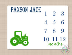 TractorMilestone Blanket Construction Baby Blanket Tractor Monogram Baby Blanket Navy Blue Green Tractor Blanket Baby Bedding Tractor Shower