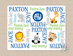 Personalized Safari Animals Baby Name Blanket Monogram Baby Blanket Elephant Lion Monkey Giraffe Blanket Baby Sjower Gift Navy Blue  B125