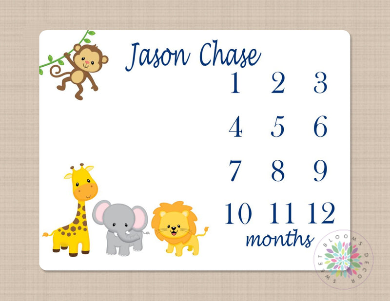 Milestone Blanket Safari Animals Baby Boy Blanket Jungle Zoo Monthly Growth Tracker Personalized Blanket Newborn Baby Shower Gift B156