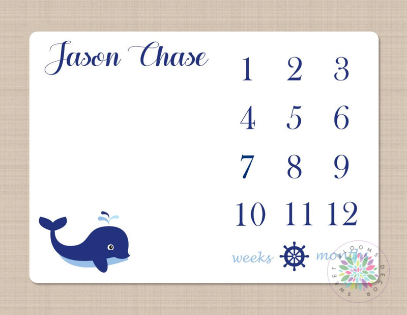 Milestone Blanket Whales Baby Boy Blanket  Nautical Monthly Growth Tracker New Born Monogram Blanket Navy Blue Baby Shower Gift Name B161