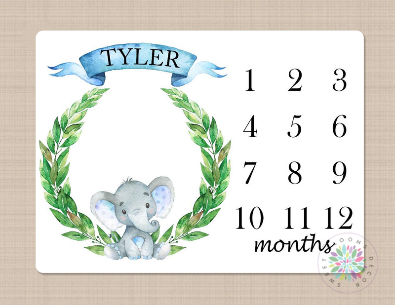 Elephant Milestone Blanket Monthly Growth Tracker Elephant Monthly Baby Blanket Watercolor Wreath Name Boy Elephants Nursery Decor Gift B172