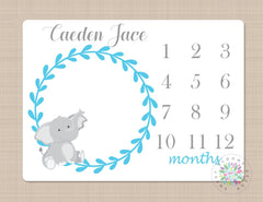 Elephant Milestone Blanket Monthly Growth Tracker Blue Gray Elephant Perosnalized Baby Boy Blanket Name Monogram Nursery Decor Bedding B173