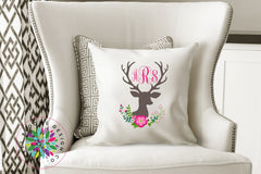 Deer Throw Pillow Pink Flowers Deer Antler Girl Pillow Floral Deer Nursery Decor Deer Monogram Nursery Decor Deer Baby Shower Bedding P140