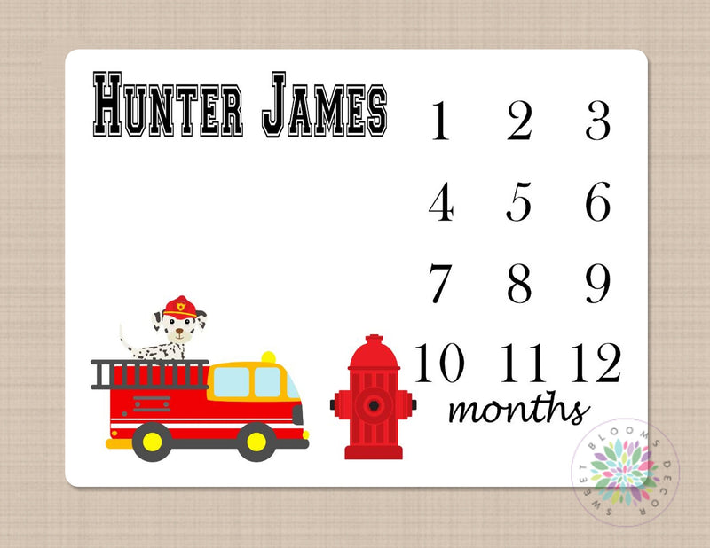 Milestone Blanket Fire Truck Hydrant Red Black Blanket Monthly Growth Tracker Monogram Blanket  Newborn Baby Name Blanket Shower Gift B202