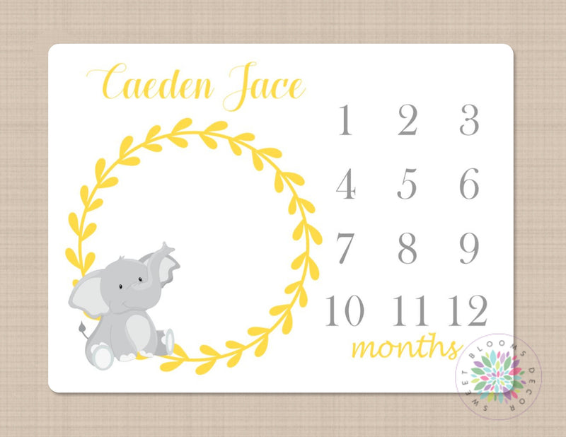 Elephant Milestone Blanket Monthly Growth Tracker Yellow Gray Elephant Perosnalized Baby Boy Blanket Monogram Nursery Decor Bedding B220