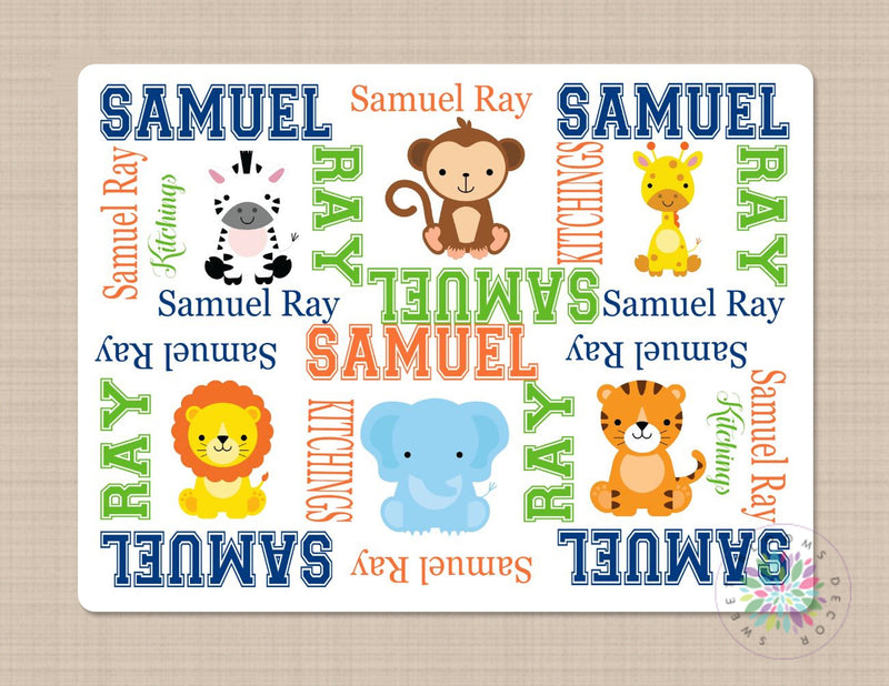 Safari Animals Baby Name Blanket, Baby Boy Jungle Zoo Monogram Crib Bedding Elephant Lion Monkey Giraffe Giraffe Tiger  Baby Shower GiftB229