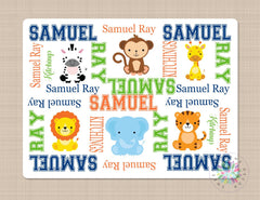 Safari Animals Baby Name Blanket, Baby Boy Jungle Zoo Monogram Crib Bedding Elephant Lion Monkey Giraffe Giraffe Tiger  Baby Shower GiftB229