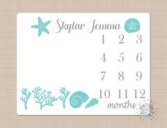 Ocean Shells Milestone Blanket Growth Tracker New Born Monogram Blanket Teal Gray Star Fish Beach Monthly Tracker Name Baby Shower  B237