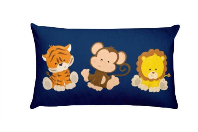 Safari Animals Throw Pillow Navy Blue Safari Nursery Decor Lion Monkey Animals Kids Room Decor Baby Pillow Baby Shower Gift 20x12 inch P102