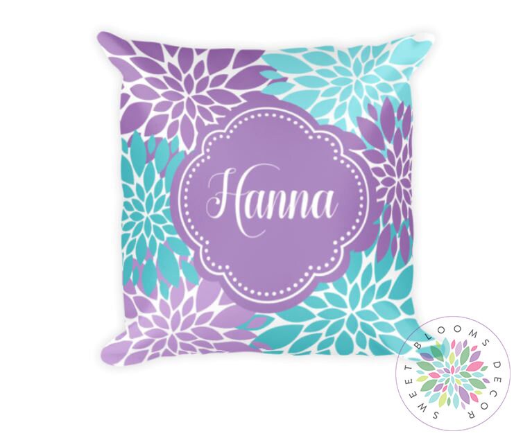 Purple Teal Throw Pillow Purple Teal Floral Bedroom Decor Monogram Cushion Purple Teal Floral Decor Nursery Decor Girl Room Flowers P113