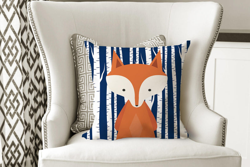 Fox Nursery Throw Pillow Navy Orange Birch Trees Fox Modern Pillow Woodland Bedroom Decor Nursery Decor Baby Shower Gift Crib Bedding 114