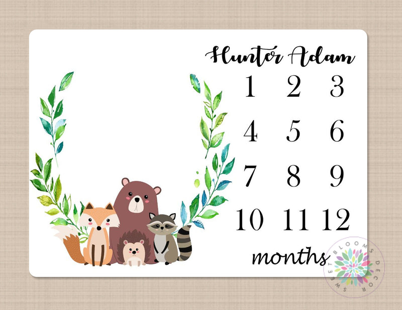 Woodland Milestone Blanket Monthly Growth Tracker Baby Blanket Fox Bear Raccoon Blanket Baby Bedding Woodland Shower Gift Monogram B255