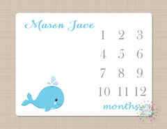 Whale Milestone Blanket Blue Gray Baby Boy Nautical Growth Tracker New Born Monogram Blanket Monthly Tracker Name Baby Shower Gift B257