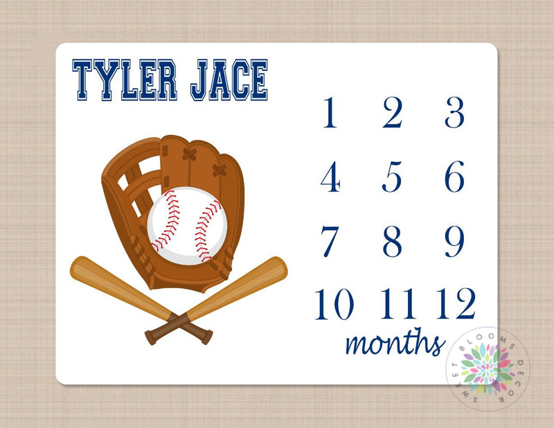 Baseball Milestone Baby Boy Monthly Growth Tracker Monogram Baby Blanket Sports Blanket Baby Bedding Baby Shower Gift Nursery  Decor B130