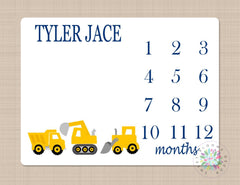 Construction Milestone Blanket  Baby Boy Trucks Constructions Monthly Grwoth Tracker Yellow Gray Newborn Baby Bedding Baby Shower Gift B131