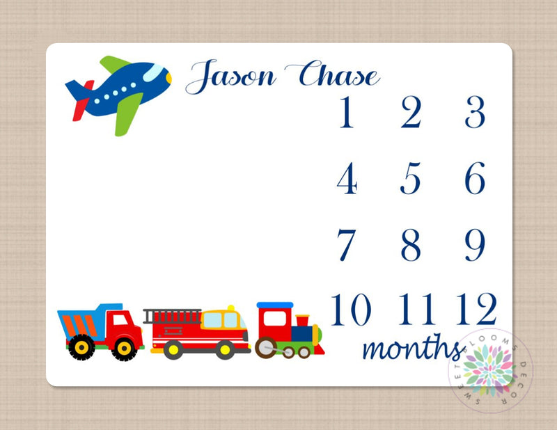 Milestone Blanket Transportation Baby Boy Transportation Monthly Growth Tracker Fire Truck Plane Dump Truck Train Baby Shower Gift Name B150