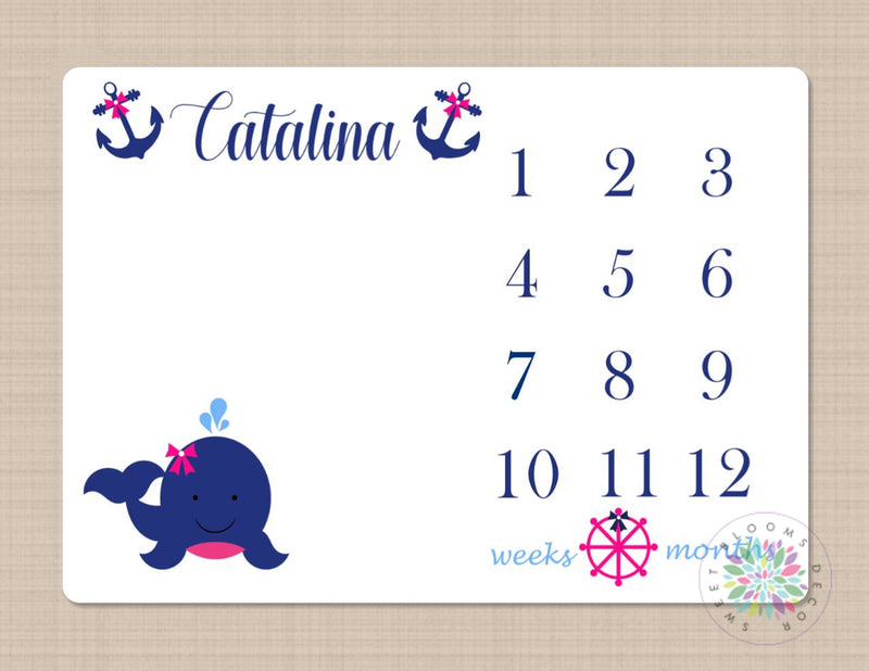 Whale Milestone Blanket Baby Girl Nautical Growth Tracker New Born Monogram Blanket Navy Blue Hot Pink Anchor Monthly Tracker  B163