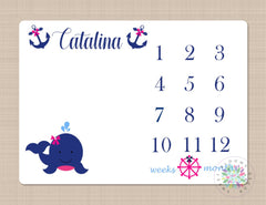 Whale Milestone Blanket Baby Girl Nautical Growth Tracker New Born Monogram Blanket Navy Blue Hot Pink Anchor Monthly Tracker  B163