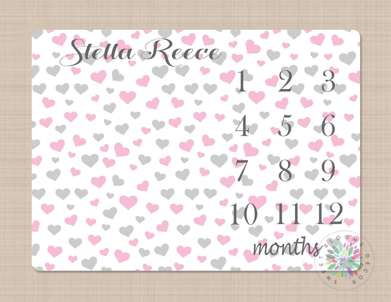 Milestone Blanket Girl Hearts Monthly Growth Tracker Pink Gray Hearts Baby Girl Blanket Name Blanket New Baby Shower Gift Bedding B291