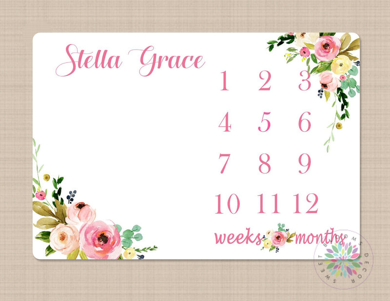 Floral Milestone Blanket Girl  Baby Blanket  Monthly Growth Tracker Newborn Baby Girl Name Blanket Pink Flowers Girl Shower Gift  B295