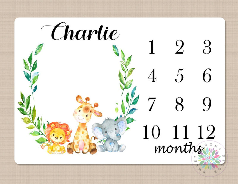 Milestone Blanket Safari Animals Baby Blanket Animals Monthly Growth Tracker Floral Monogram Blanket Animals Newborn Baby Blanket  Gift B181