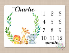 Milestone Blanket Safari Animals Baby Blanket Animals Monthly Growth Tracker Floral Monogram Blanket Animals Newborn Baby Blanket  Gift B181